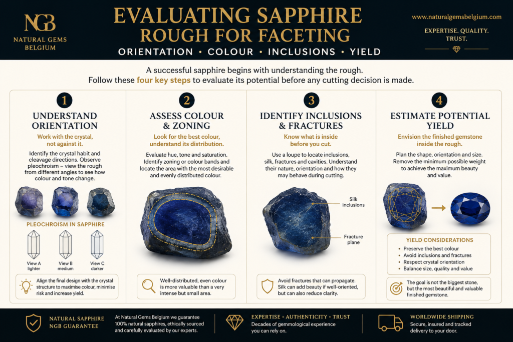 Evaluating sapphire rough for faceting: orientation, colour, inclusions and yield