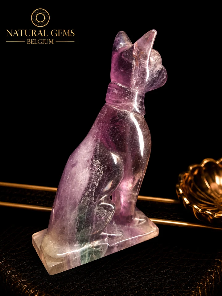 ca2 Natural Rainbow Fluorite Cat Carving · 7.0 cm · Purple, Green & White
