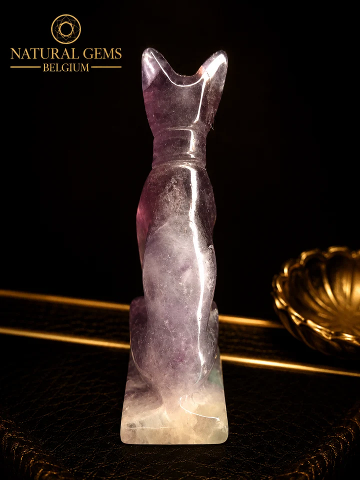 ca3 Natural Rainbow Fluorite Cat Carving · 7.0 cm · Purple, Green & White