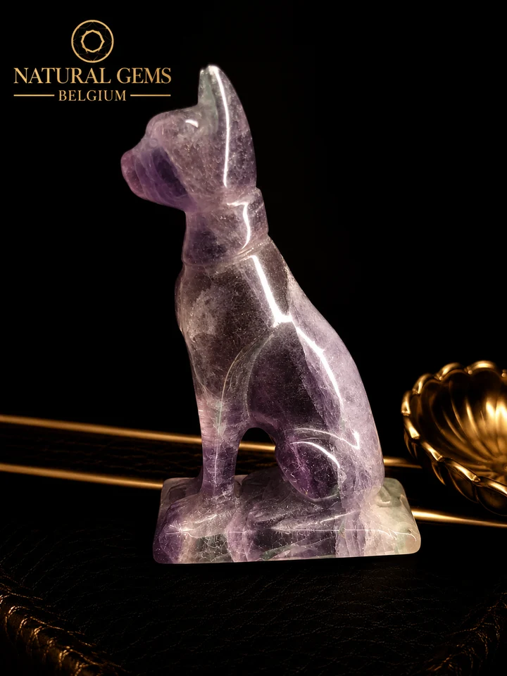 ca4 Natural Rainbow Fluorite Cat Carving · 7.0 cm · Purple, Green & White