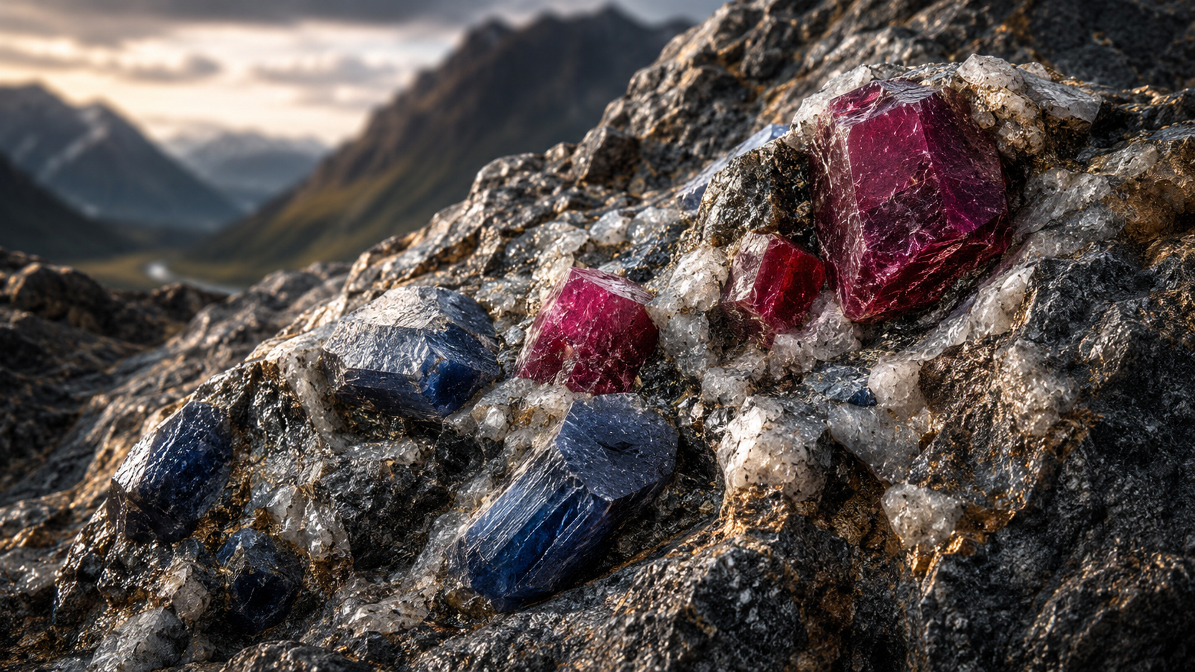 Corundum geology showing natural ruby and sapphire formation in host rock